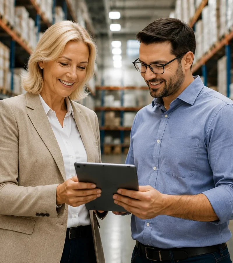 A middle-aged blonde woman in a beige blazer and a dark-haired man with a full beard and glasses, wearing a blue shirt, are holding a tablet together; behind them, a large warehouse can be seen