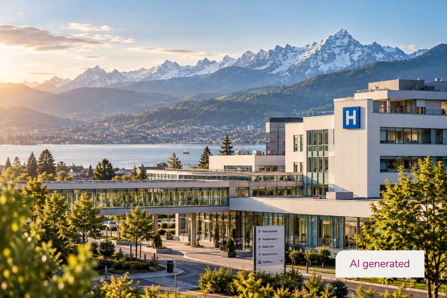 A modern clinic in Switzerland set against an alpine landscape