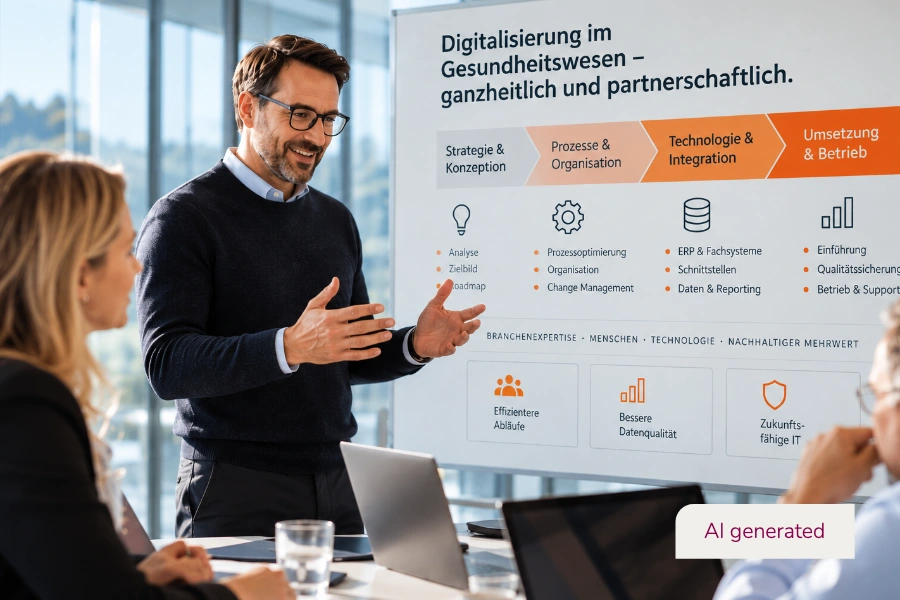 Consultancy team plans strategy, processes, technology and implementation for digitalisation in the healthcare sector