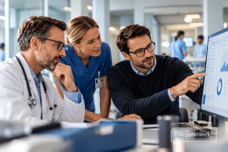A healthcare team discusses digital processes and data on a dashboard at a clinic
